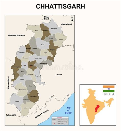 Mapa De Chhattisgarh Mostrando El Límite Estatal Y El Límite Distrital