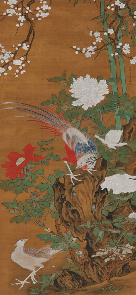 Japanese Silk Scroll Pheasants And Spring Flowers Circa 1815