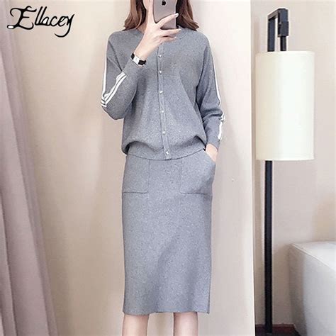 Knitted Two Piece Set Female Autumn Winter Pencil Skirt Suit Korean