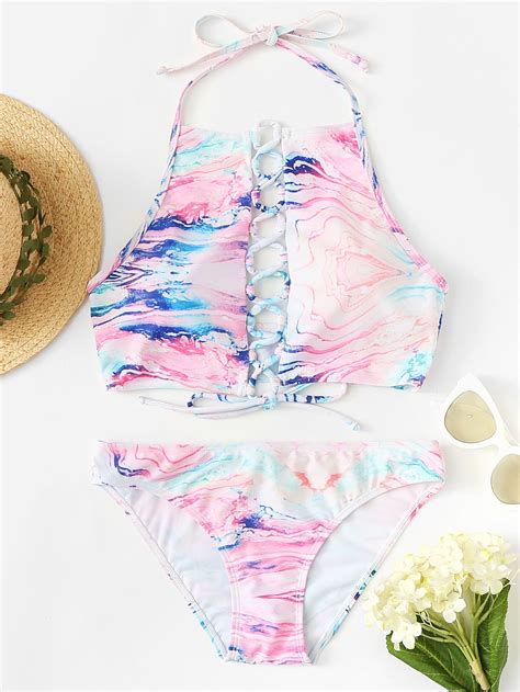 Tie Dye Lace Up Front High Neck Bikini High Neck Bikinis Tie Dye