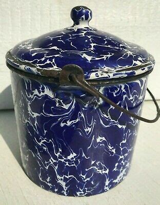 Vintage Cobalt Blue And White Swirl Graniteware Berry Bucket Pail Old