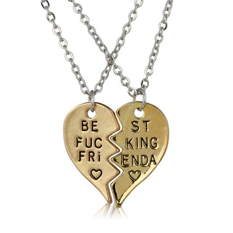 Antique Gold Cute Best Friends Forever Broken Heart 2 Piece Necklace