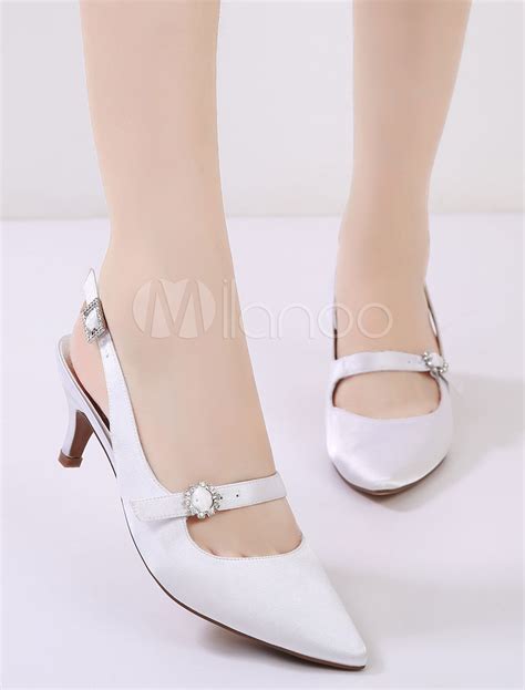 Kitten Heel Pumps Satin White Pointed Toe Rhinestones Slingbacks