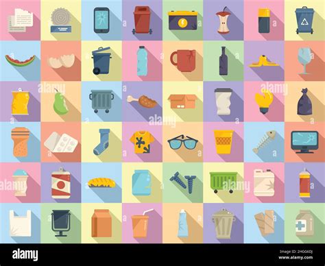 Waste Icons Set Flat Vector Garbage Food Fresh Plastic Stock Vector