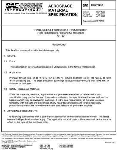 SAE AMS 7273C 1990 SAE AMS7273C 1990 Rings Sealing Fluorosilicone