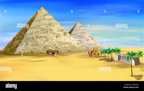 The Egyptian pyramids with entrance and ancient castle. Digital ...