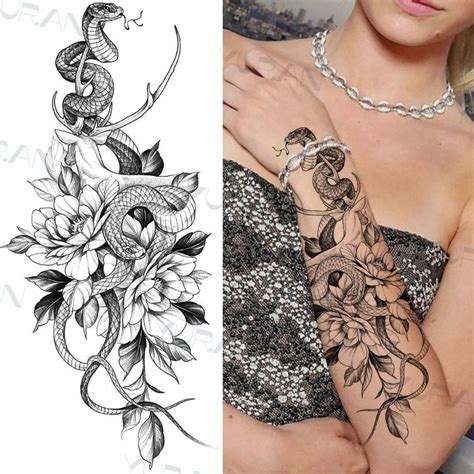 Black Large Snake Flower Fake Tattoo Sticker For Women Dot Rose Peony