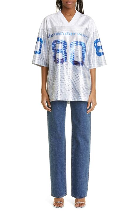 Oversize Logo Sequin Satin Football Jersey Topsoutlets