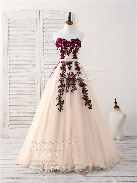 Burgundy Sweetheart Tulle Long Prom Dress Burgundy Evening Dress