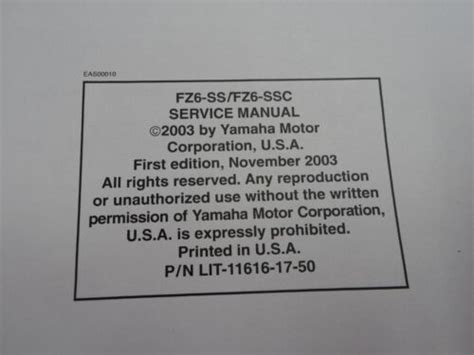 Oem Yamaha 2003 Fz6 Ss Ssc Service Manual Lit 11616 17 50 Ebay