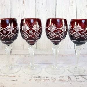 Japanese Cut Crystal Hock Wine Glasses Goblets Burgundy Ruby Red Edo