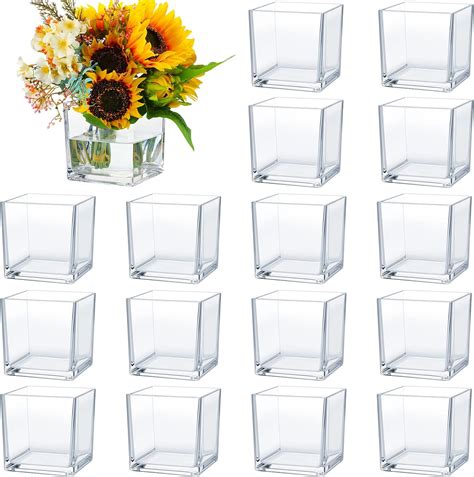 16 Pieces Square Glass Vases Bulk Cube Flower Vase Clear Square Candle Holders Small