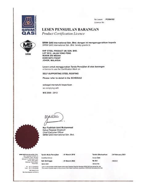 Certification Khp Steel Product M Sdn Bhd