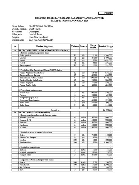 Contoh Rkas Bop Paud Tahap Ii 2020 Pdf