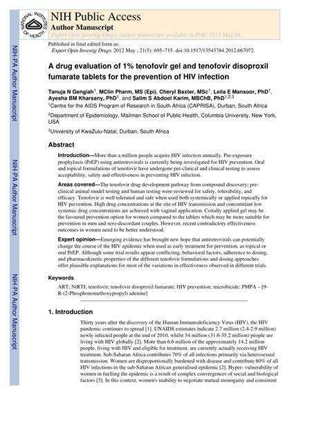 Pdf A Drug Evaluation Of 1 Tenofovir Gel And Tenofovir Disoproxil Fumarate Tablets For The