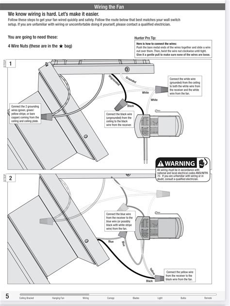 How to connect wiring for ceiling fan with remote receiver connection to two switches? Manual