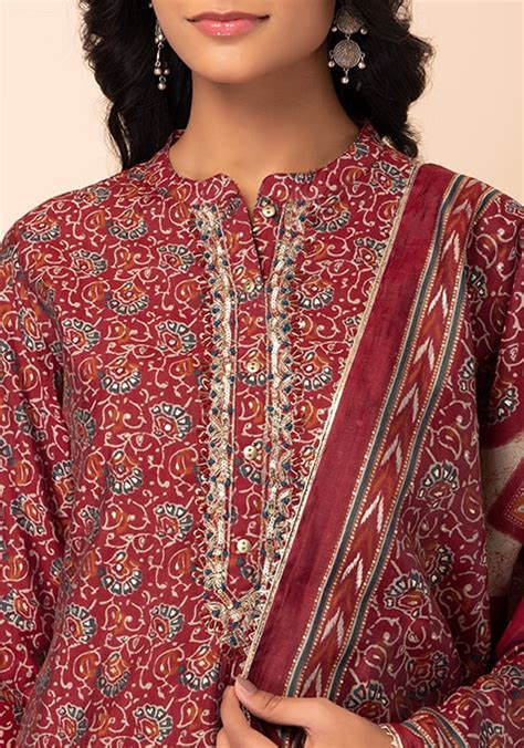 Buy Women Rust Floral Jaal Print Muslin Kurta With Pants And Dupatta