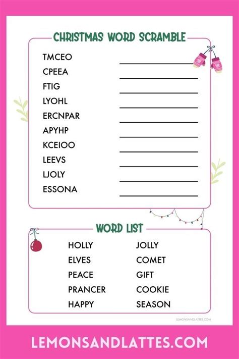 christmas word scramble with the words in english and spanish