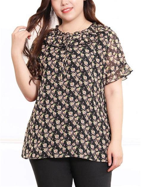 Plus Size Floral Print Frill Neck Ribbon Tie Bell Sleeve Chiffon Short