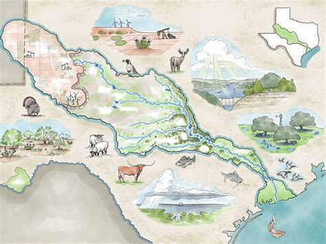 Texas Colorado River Watershed Map Illustration by LVBrown Studio on ...