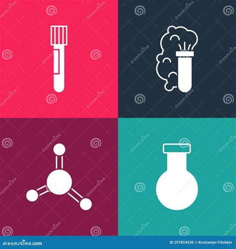 Set Pop Art Test Tube And Flask Molecule Chemical Explosion And Icon