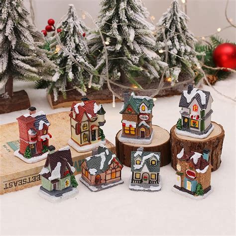 8 Pack Christmas Village Light Up House Resin Christmas Scene Village Houses Town Winter Snow ...