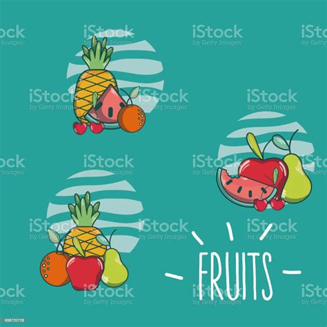 Ilustración De Conjunto De Dibujos Animados De Frutas Y Más Vectores