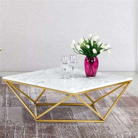 Modern Geometric White Marble Coffee Table with Gold Legs | Interior Design Ideas