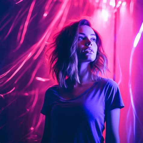 Premium Ai Image A Woman Standing In Front Of Neon Lights