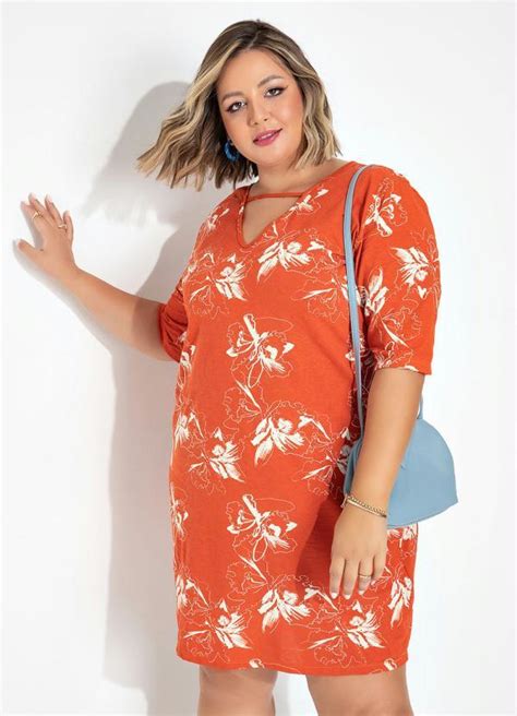 Vestido Floral Laranja Plus Size Com Tira Decote Marguerite