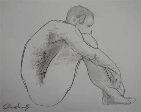 Original Expressive Male Nude Pencil Drawing In A Floor Seated Pose On