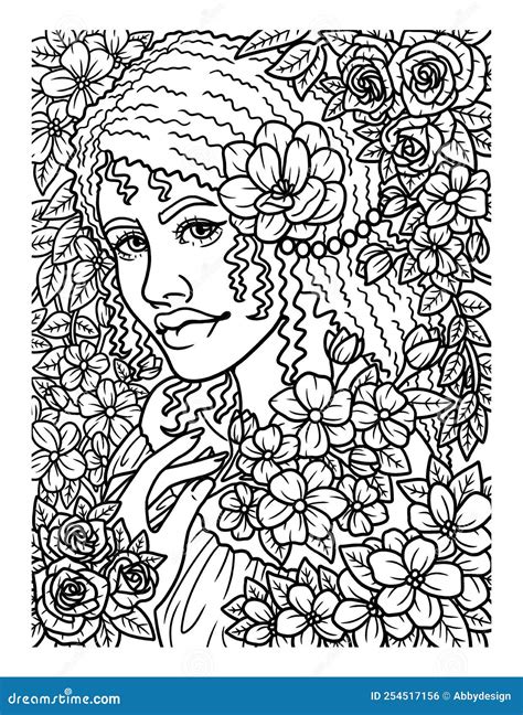 Afro American Cute Flower Girl Coloring Page Stock Vector