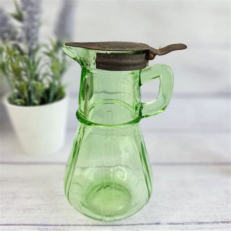 Vintage Uranium Glass Syrup Dispenser Green Glass Pitcher W Tin Metal Lid Hazel Atlas