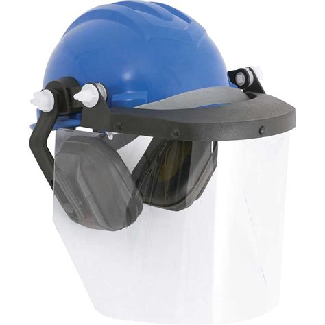 Capacete azul aba frontal protetor facial e abafador de ruídos