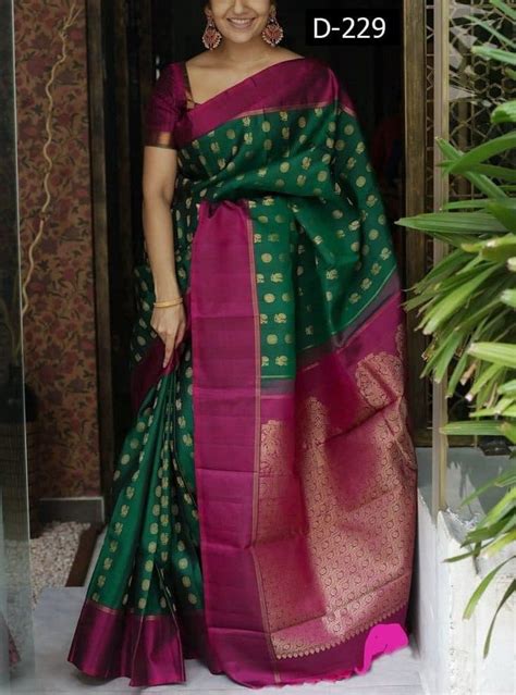 Traditional Soft Silk Green Kanjivaram Saree With A Solid Body Etsy