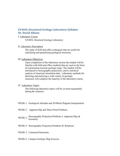 Gy 360 Structural Geology Laboratory Course Syllabus