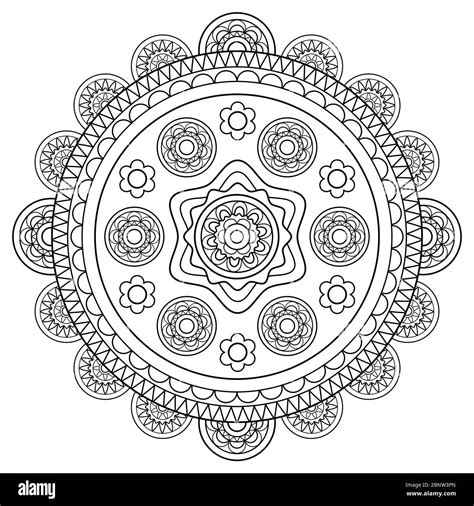 Round Floral Hand Drawn Rosette In Black And White Vector Illustration