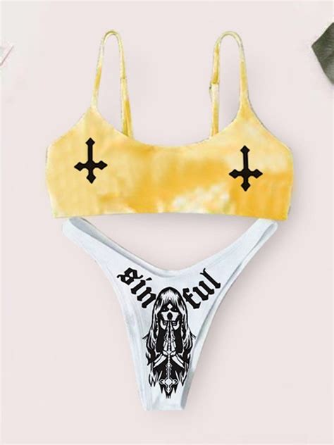 Emmiol Free Shipping Gothic Punk Skull Bikini Set Yellow M In