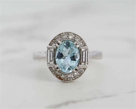 Vintage Style Aquamarine And Diamond Halo Ring Aladdins Cave Jewellery