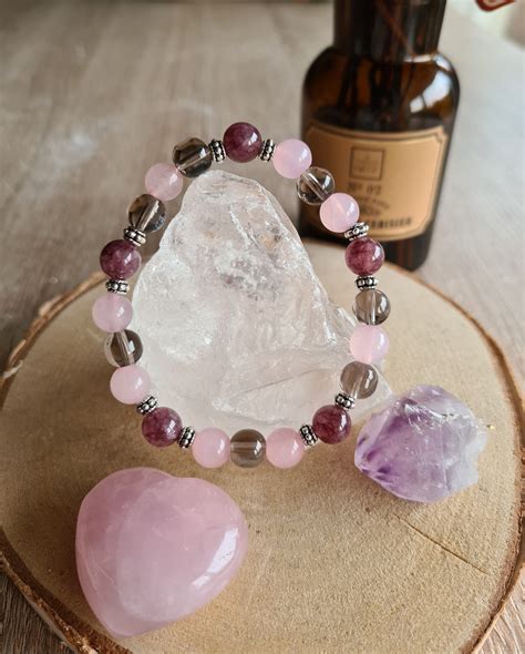 Bracelet quartz fumé lépidolite quartz rose Lune d Emeraude