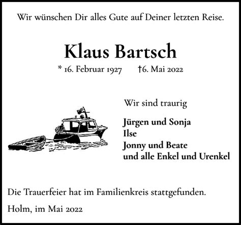 Klaus Bartsch Traueranzeige Uetersener Nachrichten