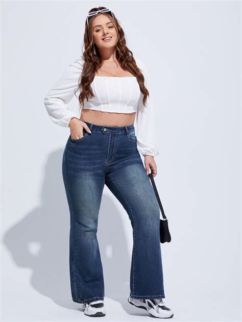 Shein Plus High Waist Bleach Wash Flare Leg Jeans Shein Usa