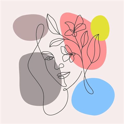 Visage De Femme Minimal Et Fleurs Dans Un Style D Art En Ligne