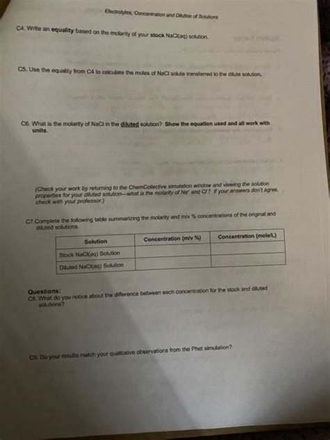 Solved Bectrolytes Concentration And Dilution Of Solutions Chegg