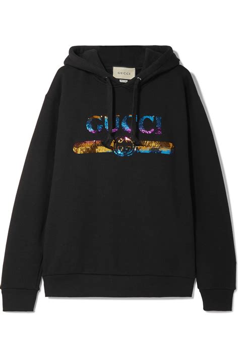 Black Sequin Embellished Cotton Jersey Hoodie Gucci Hoodies