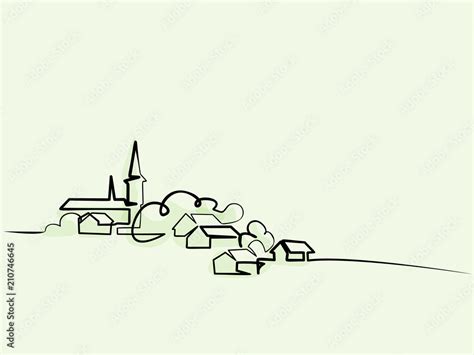 Continuous Line Drawing Landscape With Village On Hill Vector Color