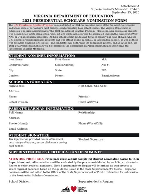 VDOE 2020 Presidential Scholars Nomination Doc Template PdfFiller