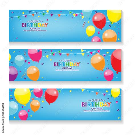 Editable blue horizontal happy birthday banner with balloon and ...