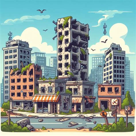 Free Post Apocalypse City Cartoon With Empty Destroyed Living Buildings