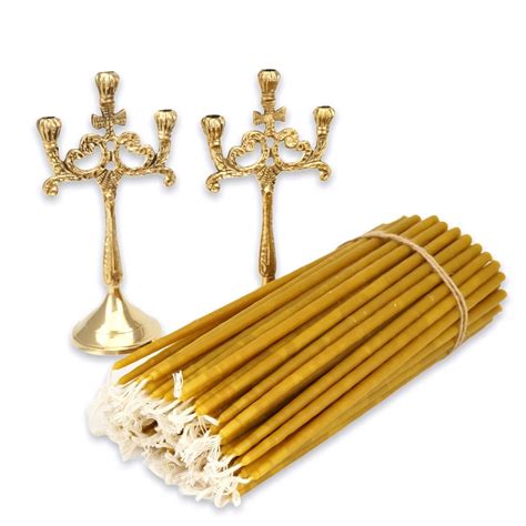 Set Of Brass Three Candle Holders And Beeswax Candles Blessedmart